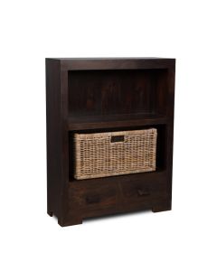 Mango Wood Small Bookcase with Rattan Wicker Basket - In Stock