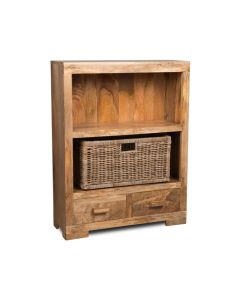 Light Mango Wood Small Bookcase with Rattan Wicker Basket