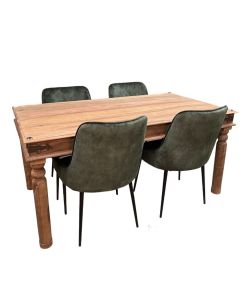 Jali Natural 160cm Dining Table & 4 Henley Velvet Dining Chairs
