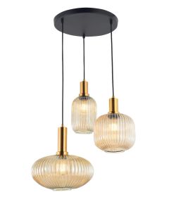 Brass and Glass Triple drop Multi colour shade Ceiling Pendant