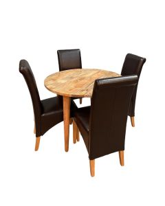 Light Vintage Mango 100cm Round Dining Table & 4 Leather Rollback DIning Chairs